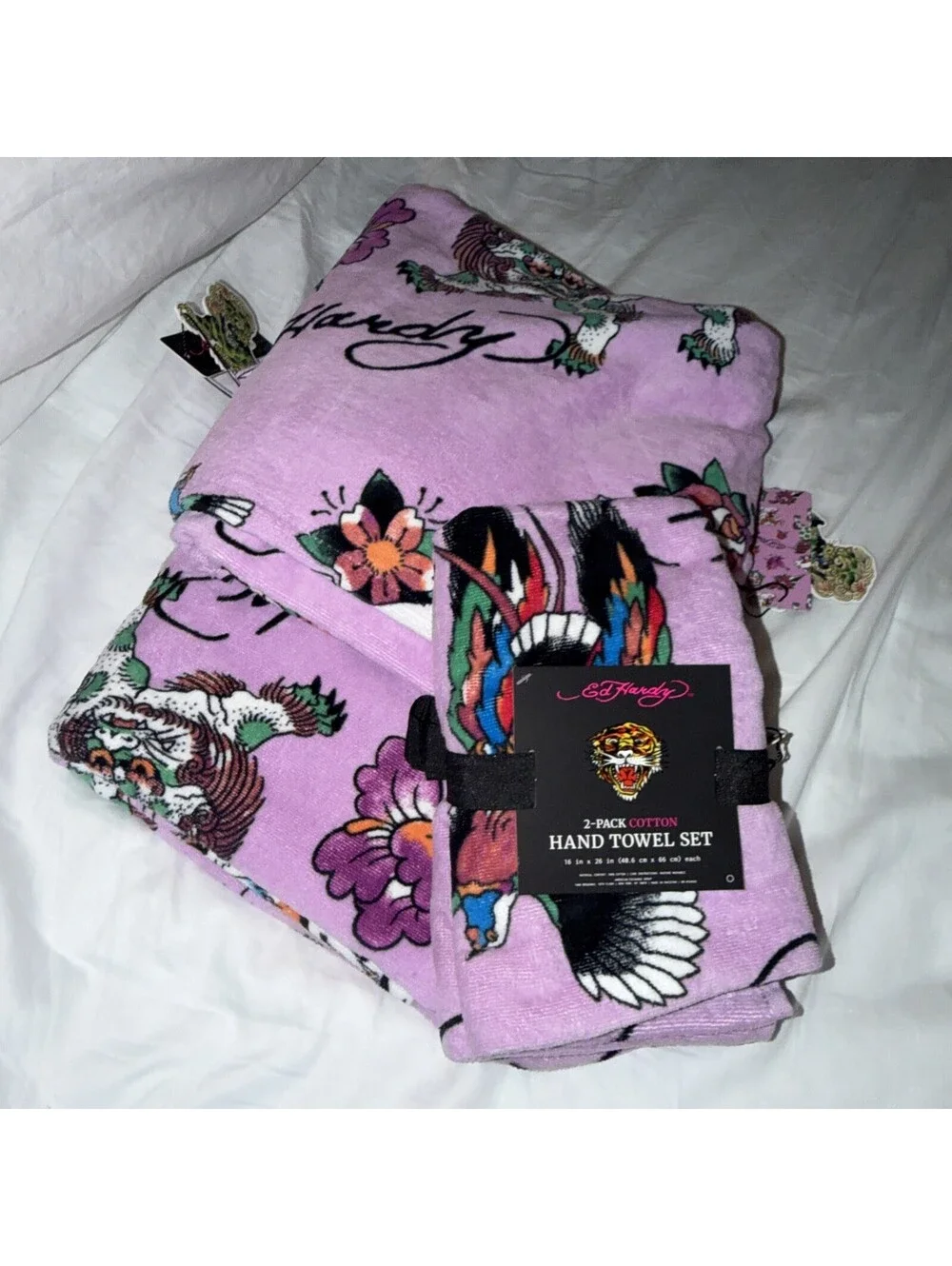 Ed Hardy Purple Bath Towel 4 Piece Set, 100% Cotton 2 Bath Towels 2Hand Towels